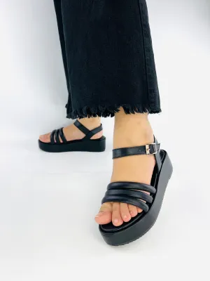 Spunkz Cross Strap Platform Wedge Heel Sandals in Black Faux Leather