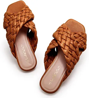 Square Open Toe Brown Braided Cross Band Flat Sandals