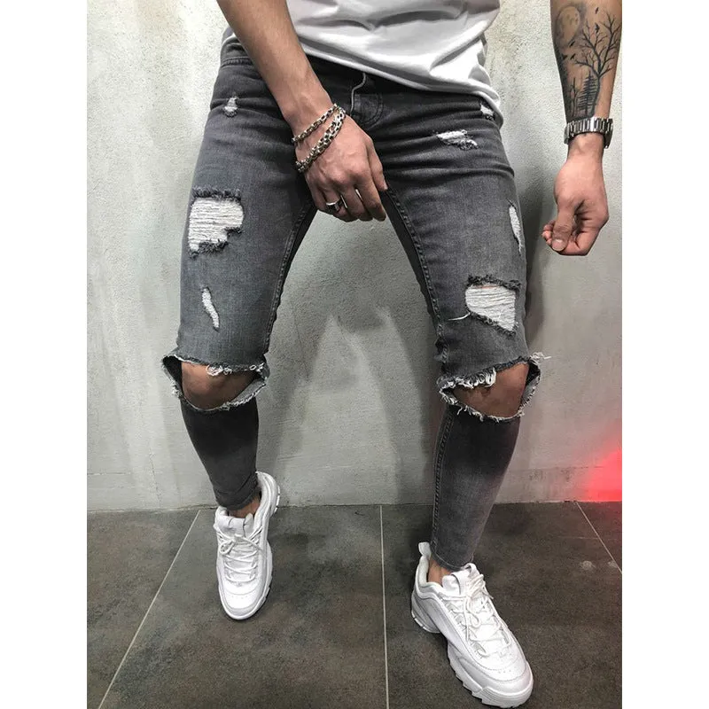 Street Style Mid Waisted Comfy Slim Men's Ripped Jeans Pencil Pants