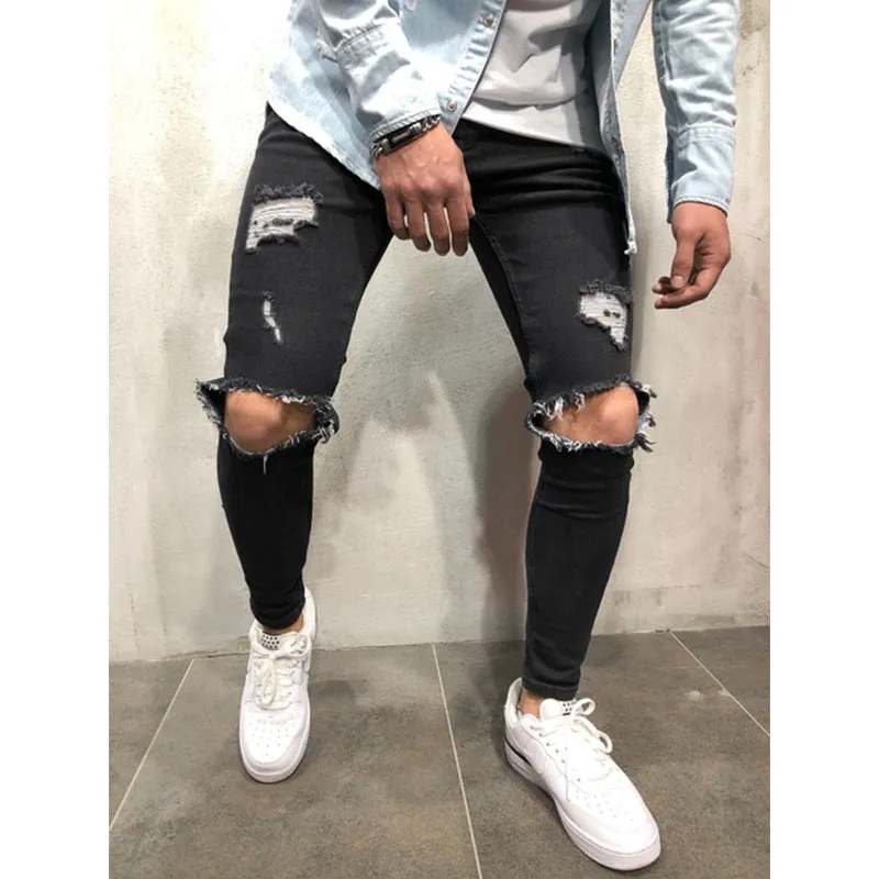 Street Style Mid Waisted Comfy Slim Men's Ripped Jeans Pencil Pants