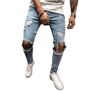 Street Style Mid Waisted Comfy Slim Men's Ripped Jeans Pencil Pants