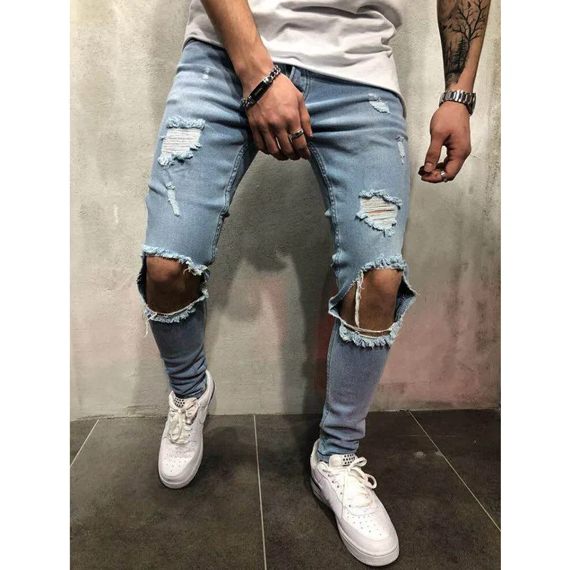 Street Style Mid Waisted Comfy Slim Men's Ripped Jeans Pencil Pants