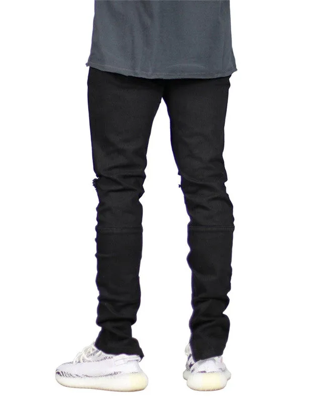 Streetwear Skinny Mid Waist Straight Pants Men's Ripped Jeans