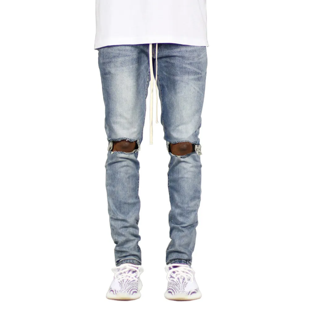 Streetwear Skinny Mid Waist Straight Pants Men's Ripped Jeans