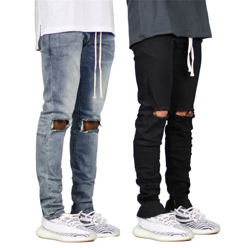 Streetwear Skinny Mid Waist Straight Pants Men's Ripped Jeans