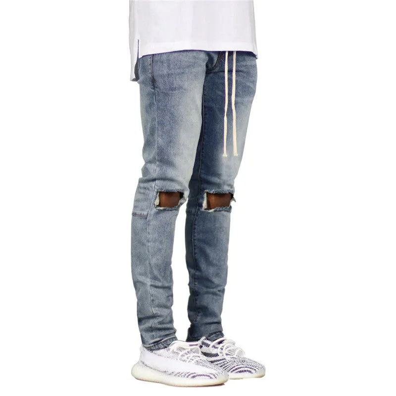 Streetwear Skinny Mid Waist Straight Pants Men's Ripped Jeans