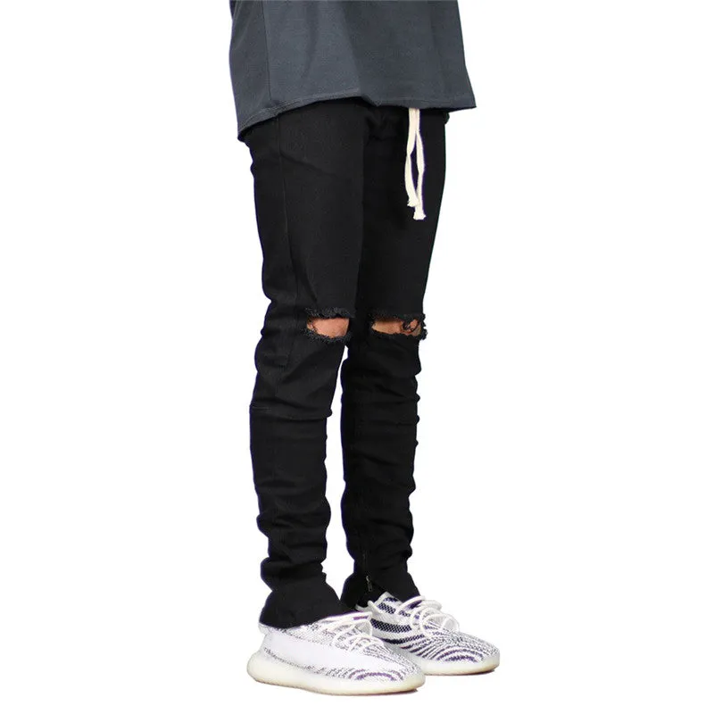 Streetwear Skinny Mid Waist Straight Pants Men's Ripped Jeans