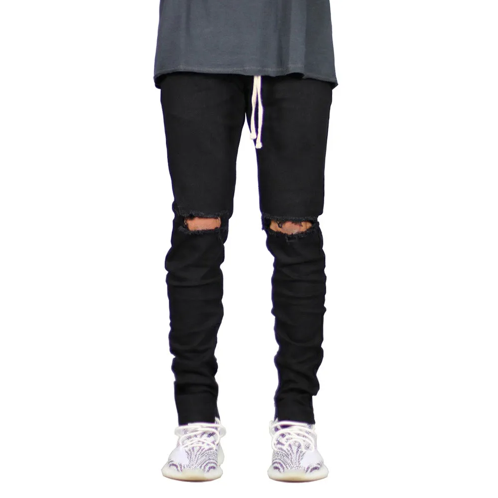 Streetwear Skinny Mid Waist Straight Pants Men's Ripped Jeans