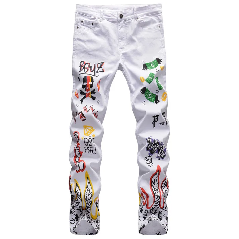 Stylish Printing Jeans Skeleton Graffiti Men's Stretchy Straight Pants