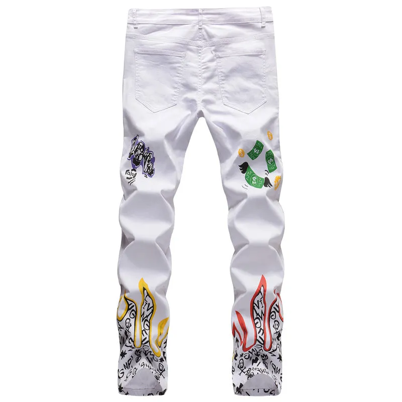 Stylish Printing Jeans Skeleton Graffiti Men's Stretchy Straight Pants