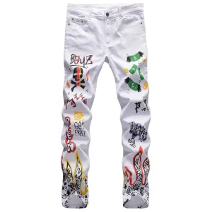 Stylish Printing Jeans Skeleton Graffiti Men's Stretchy Straight Pants