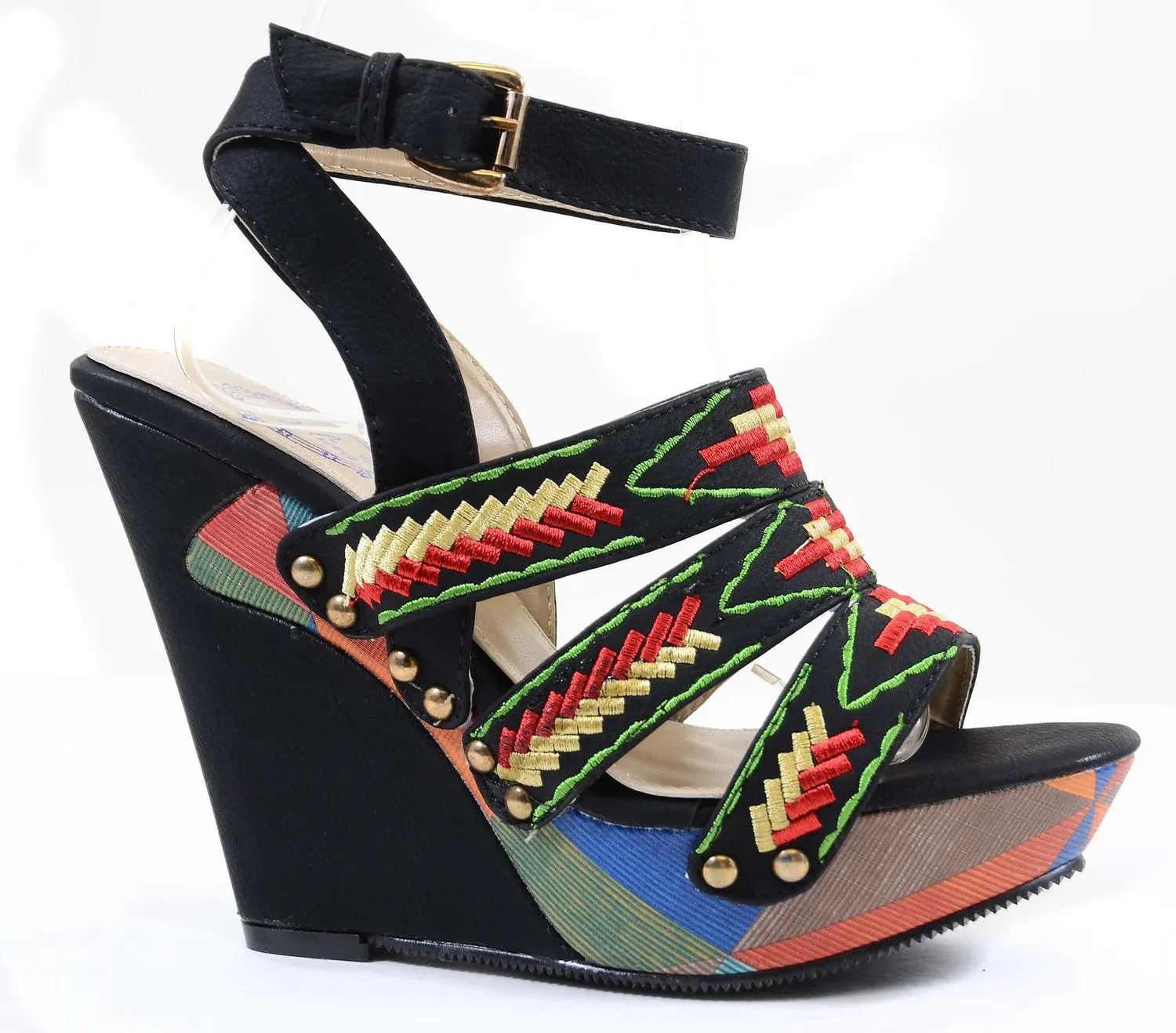 Tribal Colorblock Woven Platform Vegan Wedge Sandals Women's