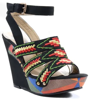 Tribal Colorblock Woven Platform Vegan Wedge Sandals Women's