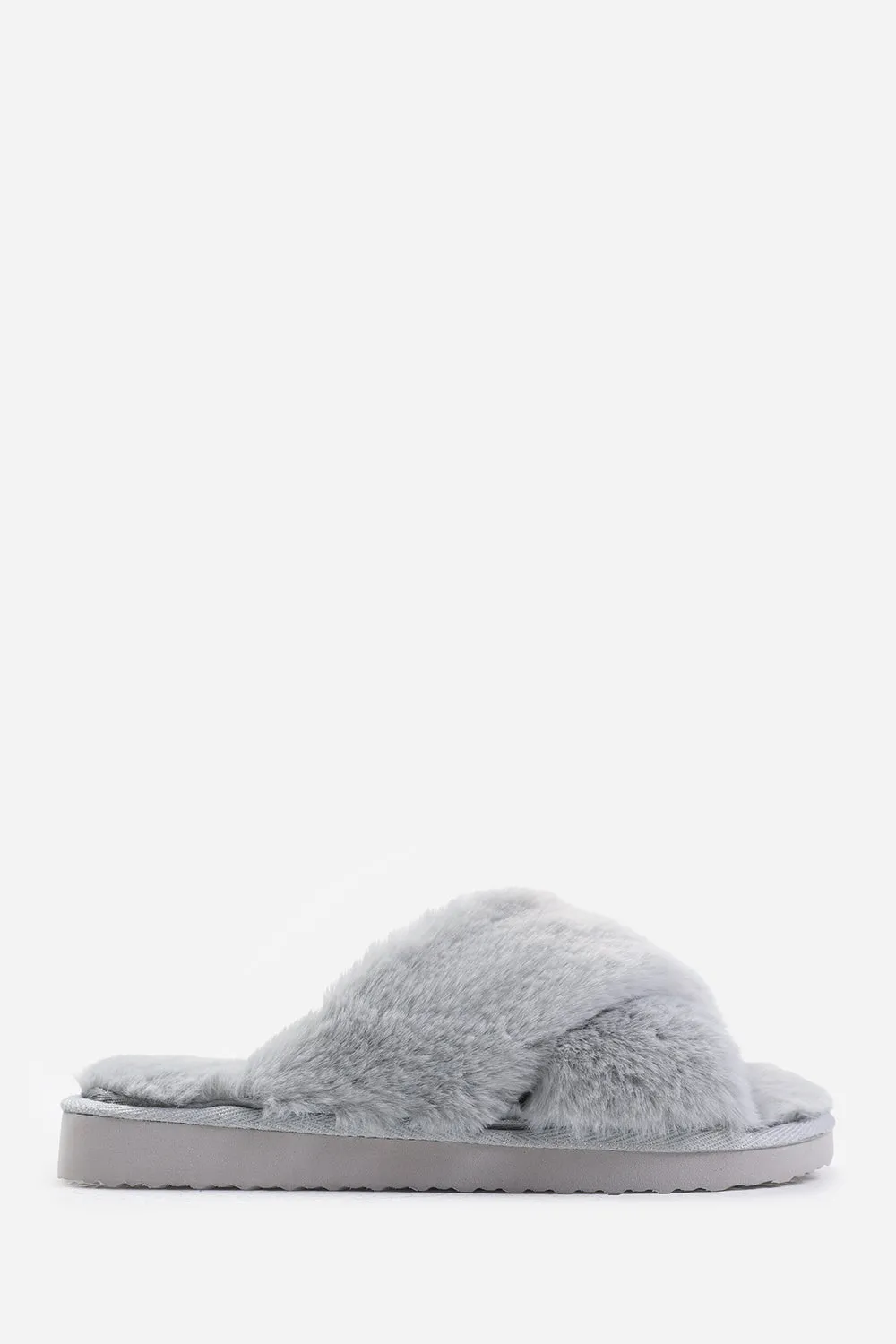 WEEKEND CROSS OVER FLUFFY SLIPPERS IN GREY