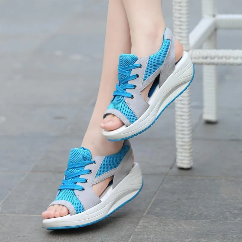 Women peep toe lace up slip on wedge sandals