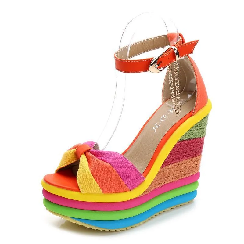 Women's peep toe rainbow platform wedge sandals