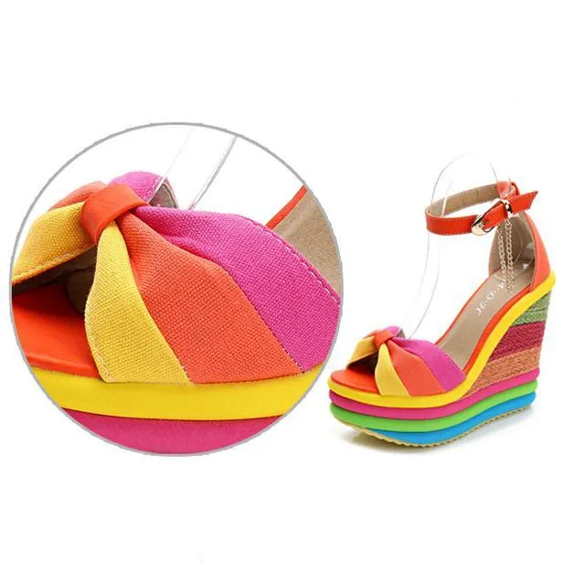 Women's peep toe rainbow platform wedge sandals