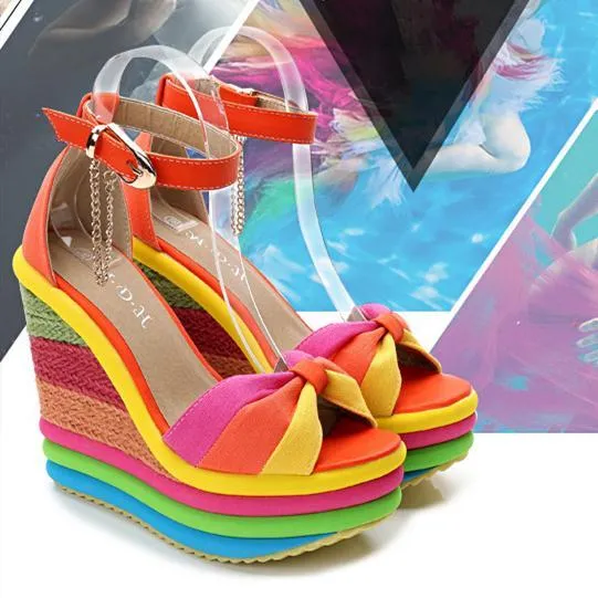 Women's peep toe rainbow platform wedge sandals