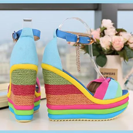 Women's peep toe rainbow platform wedge sandals