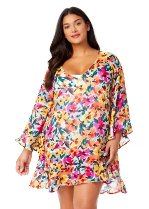 Women's Plus Gradient Floral Flounce V Neck Tunic Swimsuit Cover Up