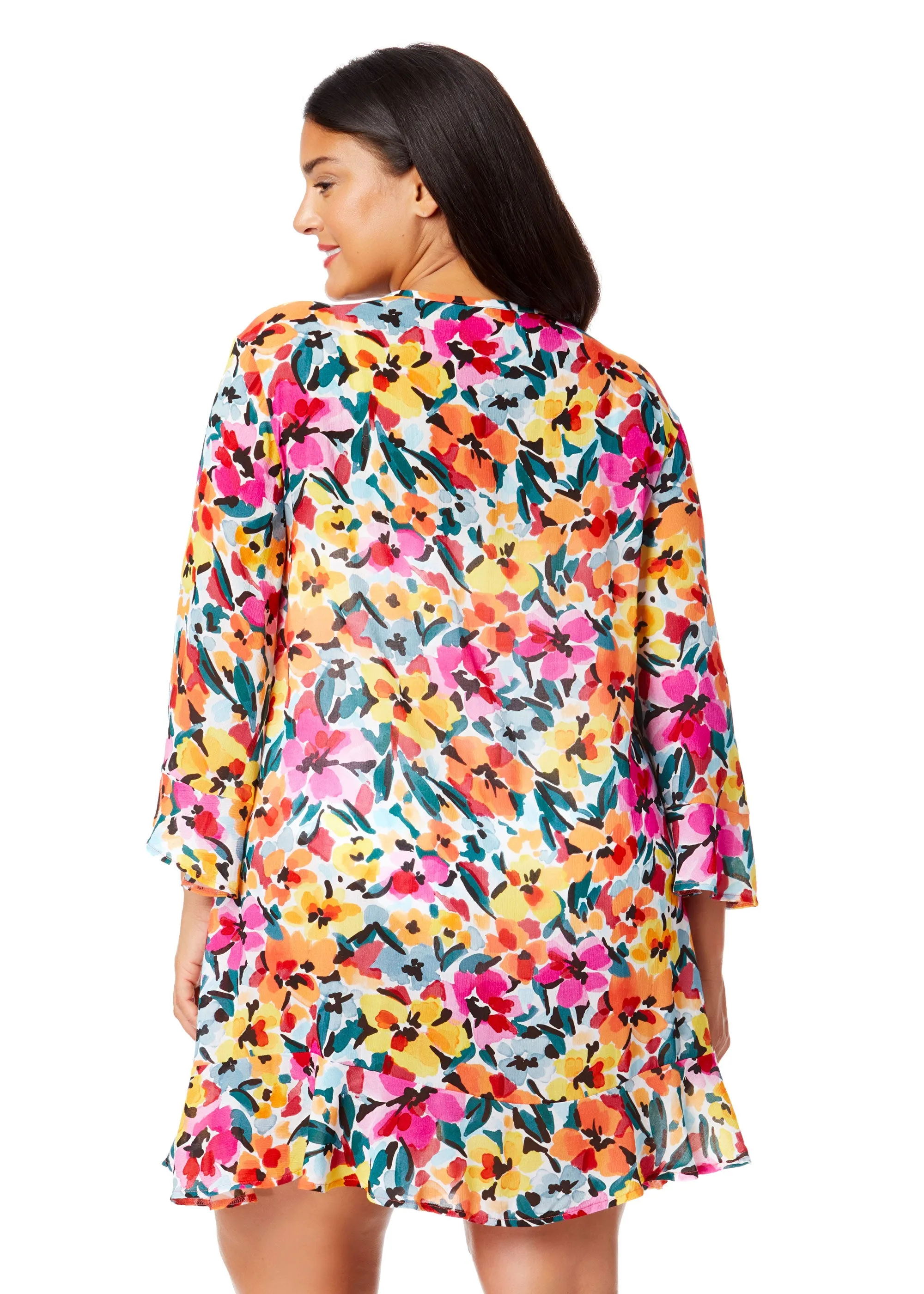 Women's Plus Gradient Floral Flounce V Neck Tunic Swimsuit Cover Up