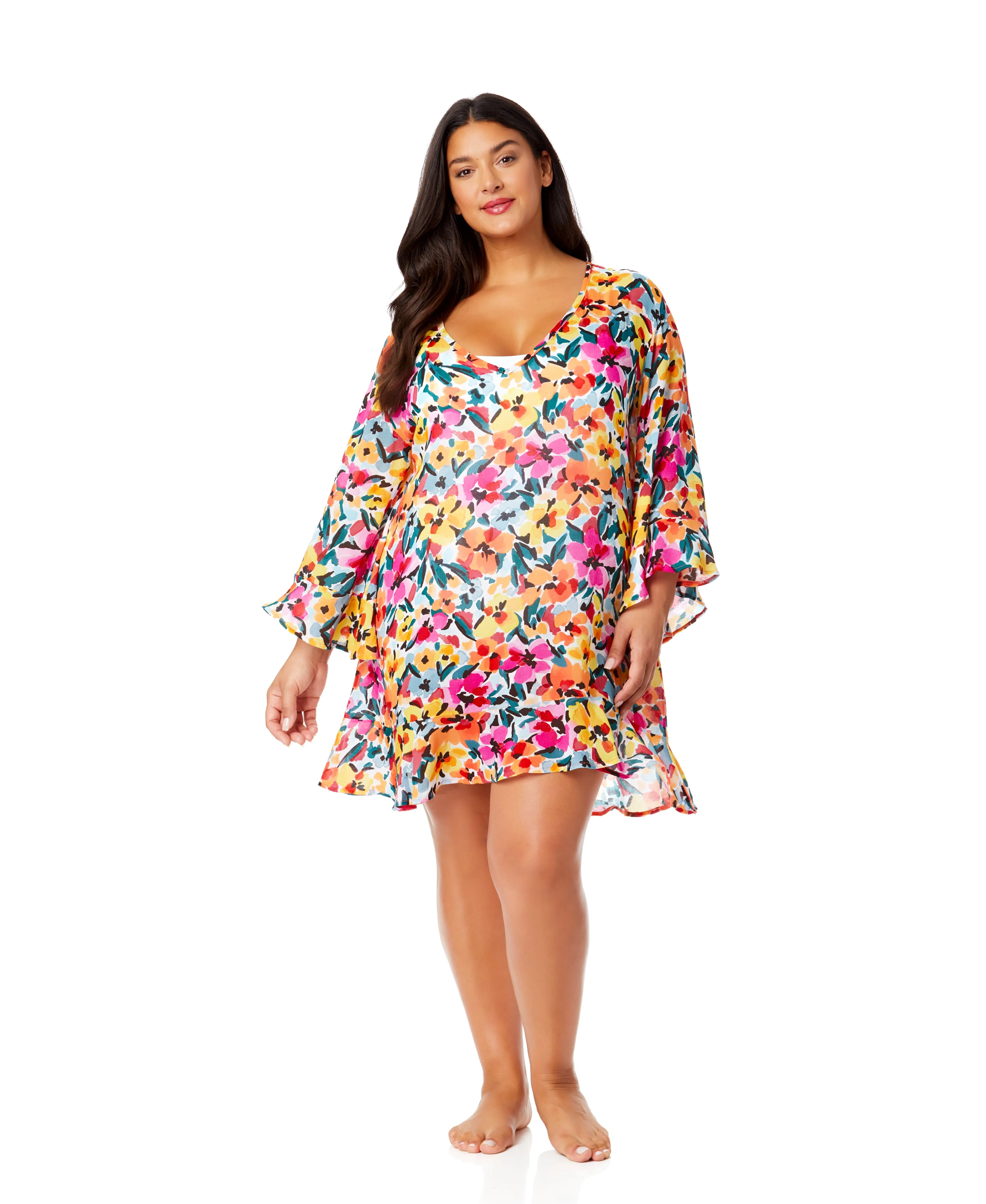 Women's Plus Gradient Floral Flounce V Neck Tunic Swimsuit Cover Up